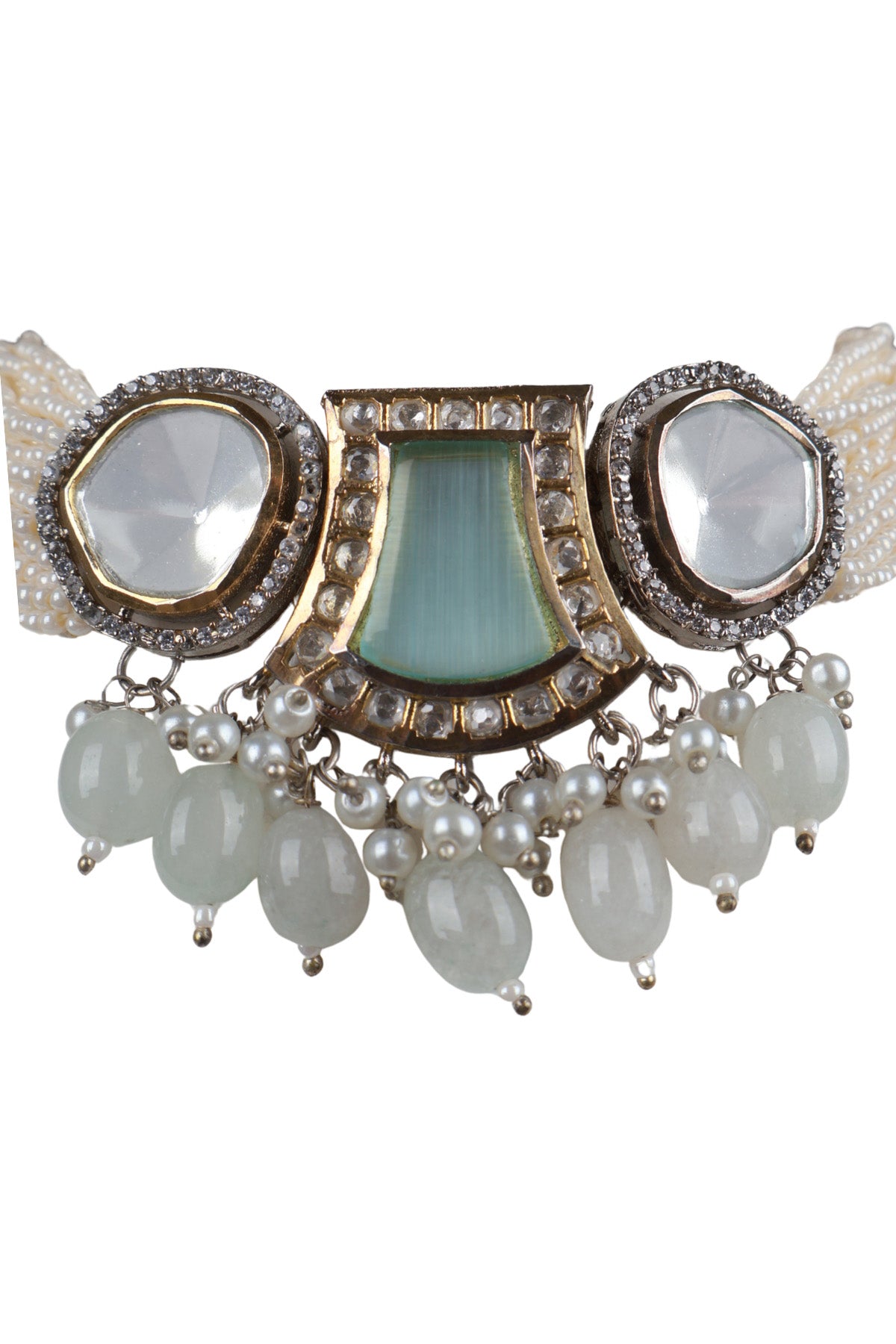 Polki Aqua Enamel Choker Seed Pearl Necklace Bridal Jewellery