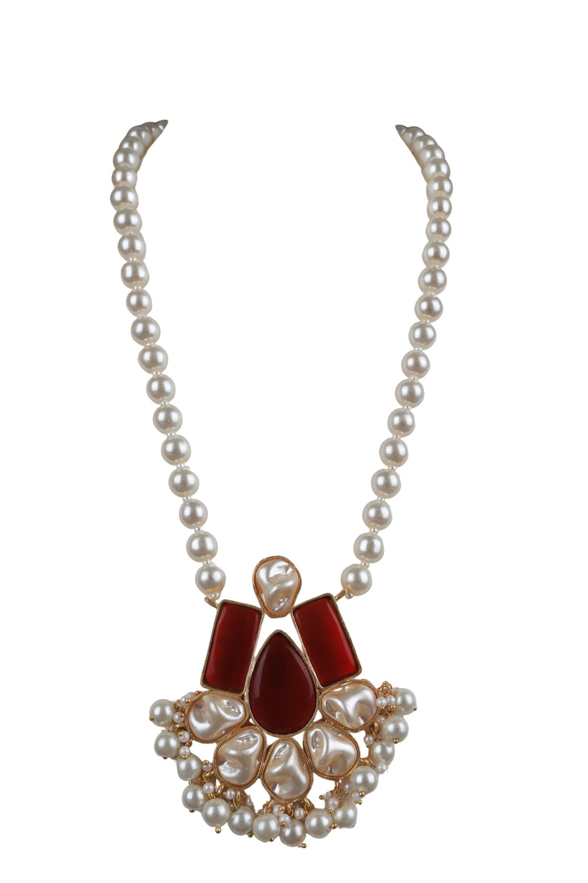 Baroque Pearl Long Necklace Red Carnelian Pendant Statement Jewellery