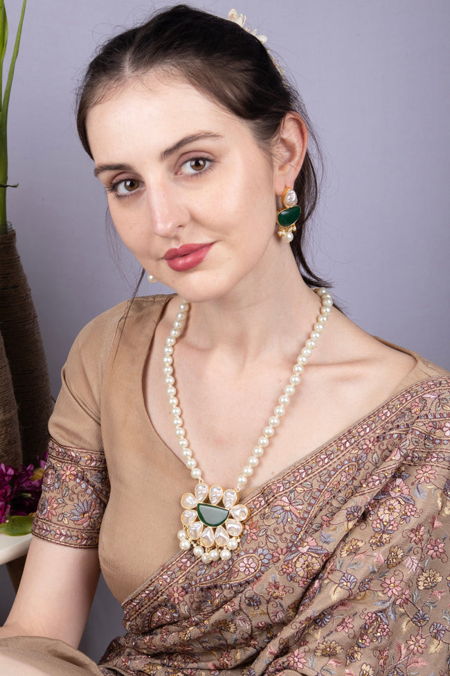 Baroque Pearl Long Necklace Green Pendant Statement Jewellery Hover Image