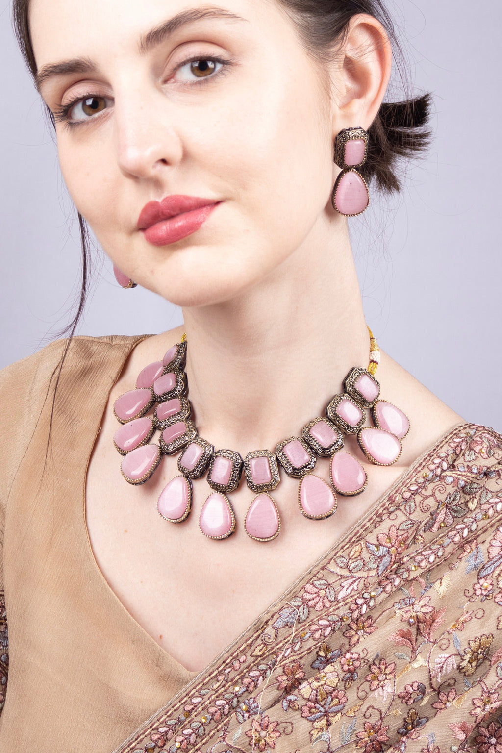Pink Cabochon Oxidised Silver Choker Necklace Statement Jewellery