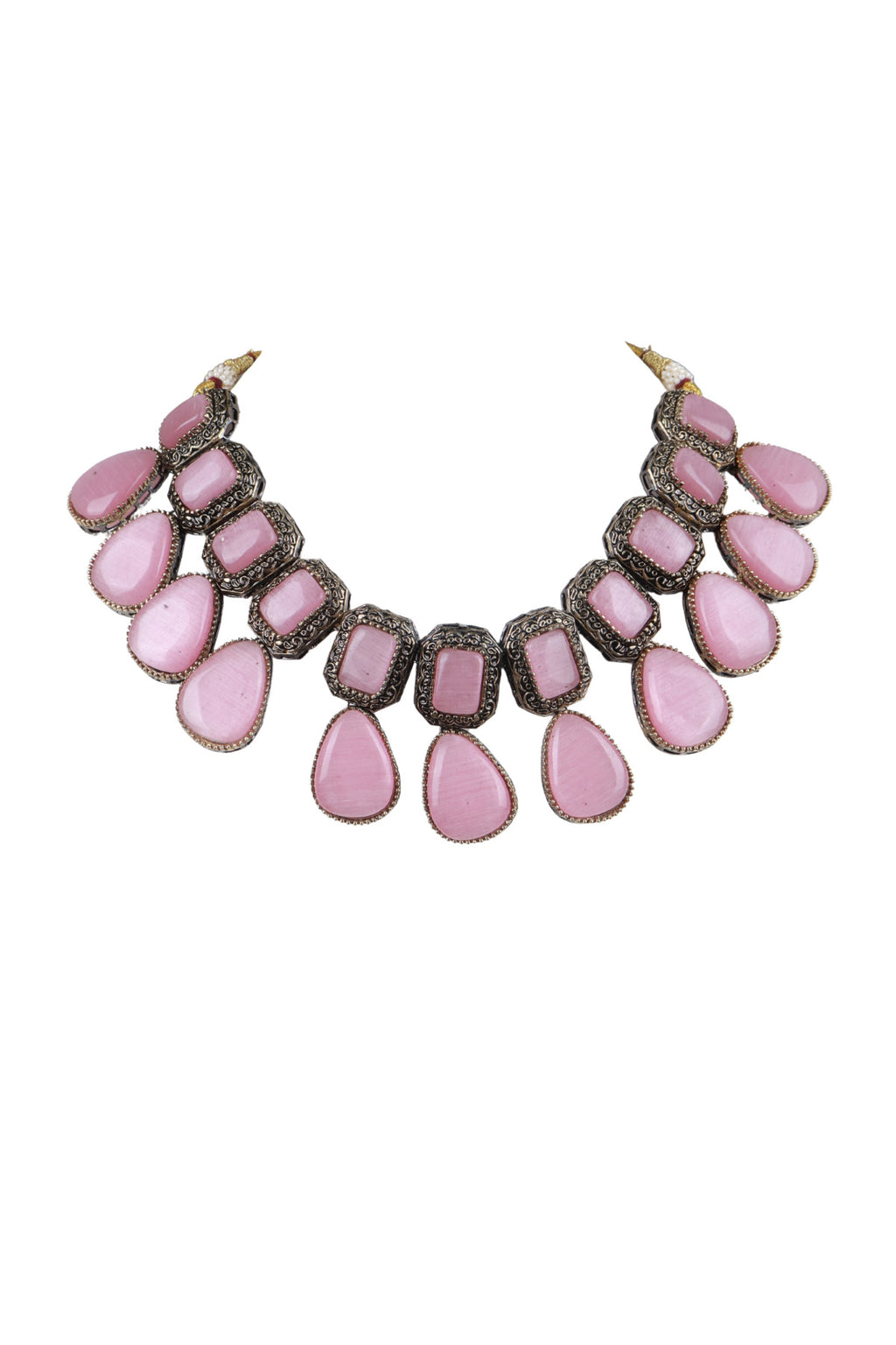 Pink Cabochon Oxidised Silver Choker Necklace Statement Jewellery