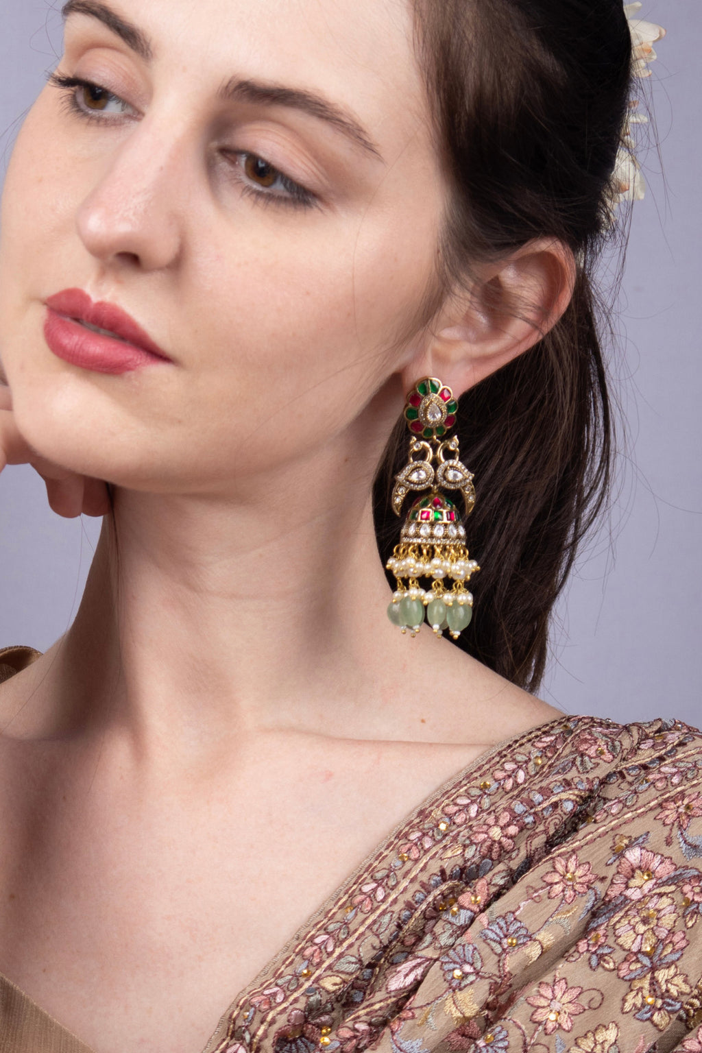 Three-Tier Navratna Jhumka Earrings Grand Bridal Jewellery