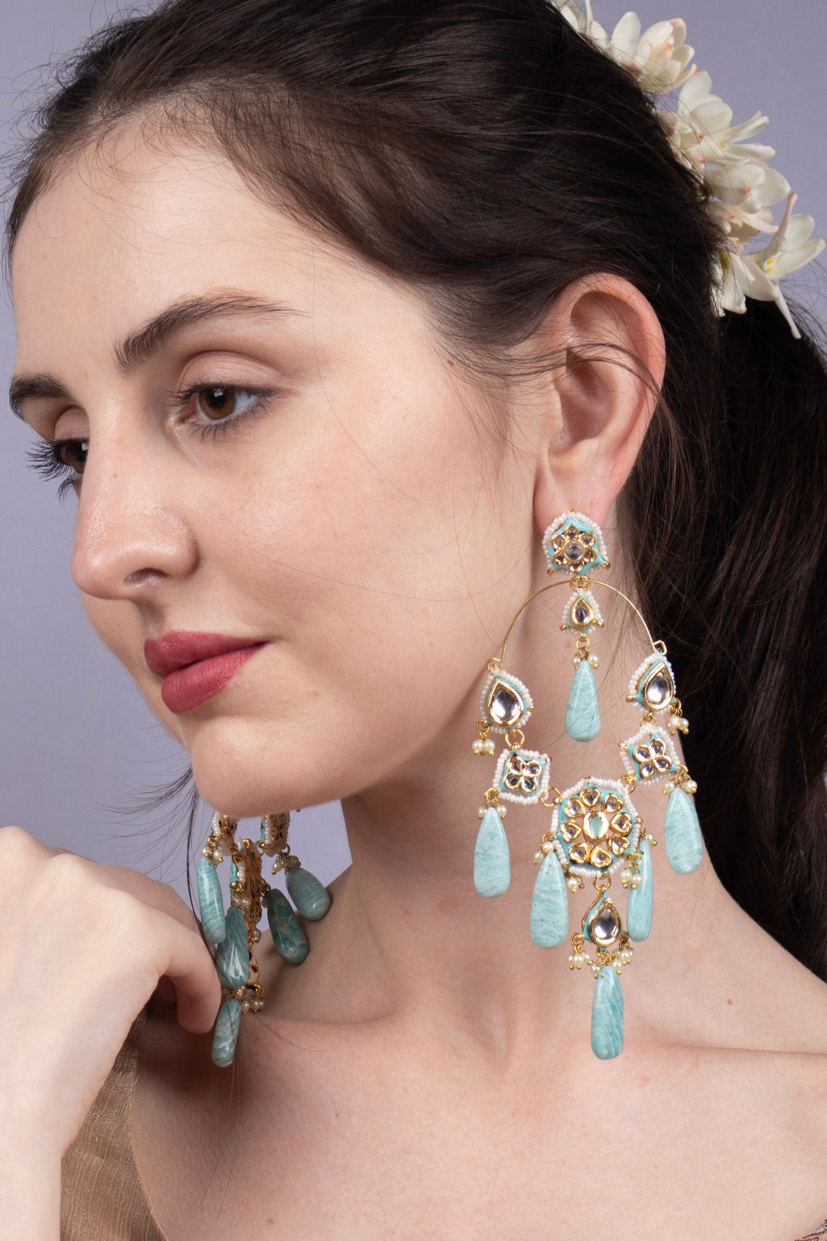 Chandelier Polki Turquoise Stone Drop Earrings Jewellery