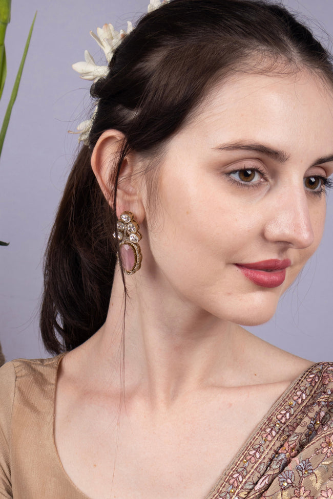 Polki Blush Pink Cabochon Drop Earrings Antique Bridal Jewellery Hover Image