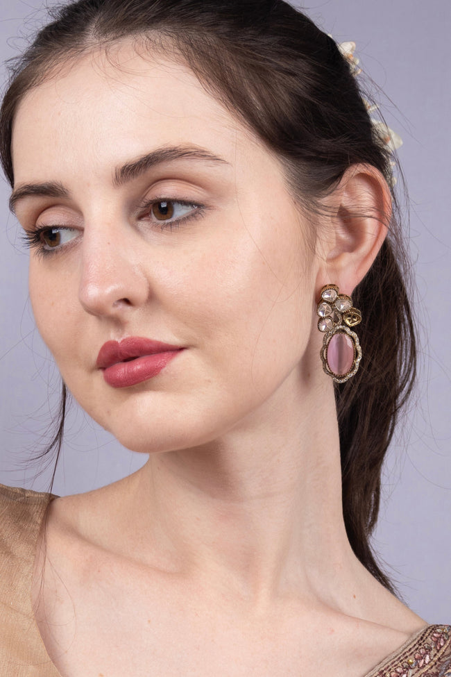 Polki Blush Pink Cabochon Drop Earrings Antique Bridal Jewellery Main Image