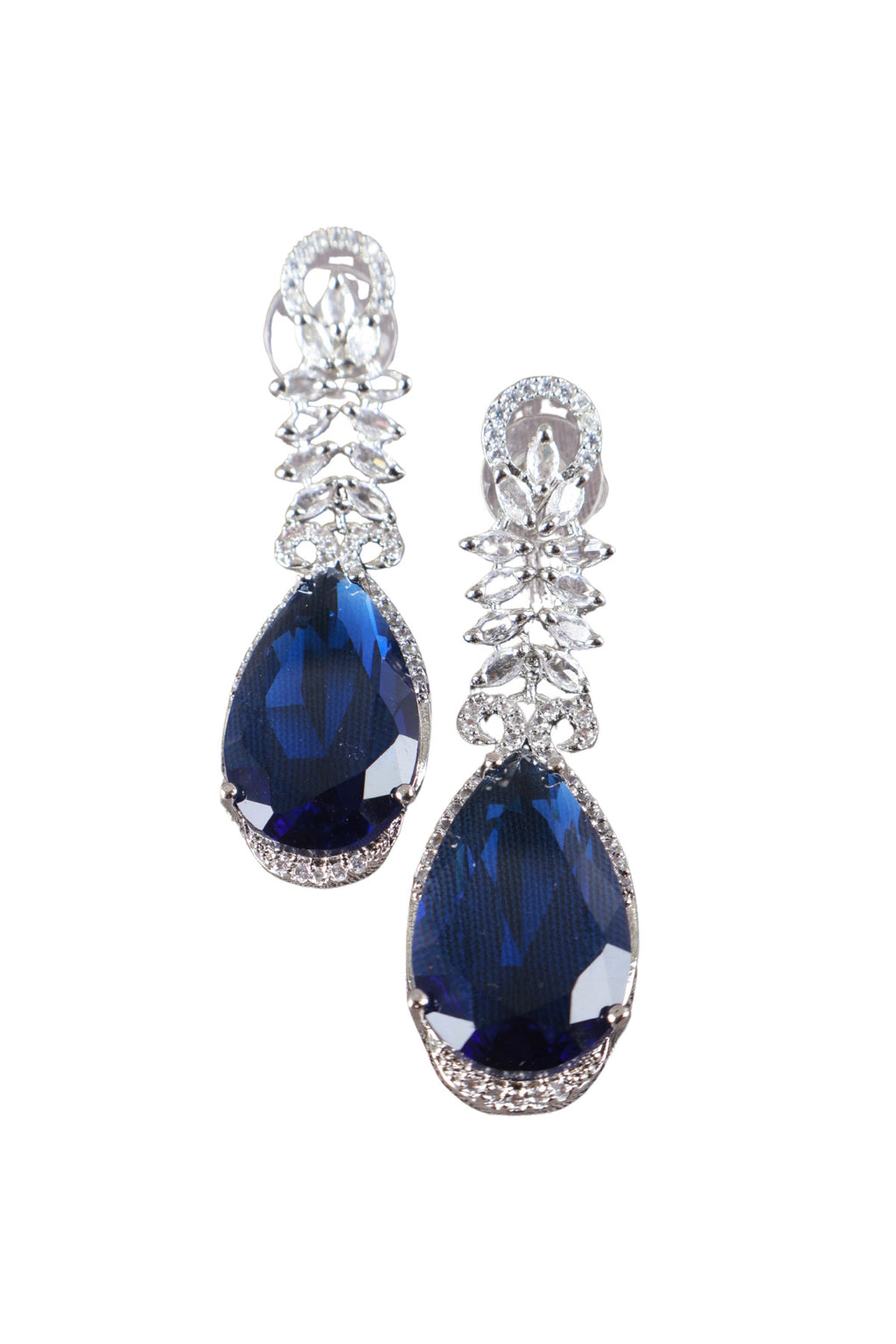Royal Blue Teardrop Silver CZ Drop Earrings Glamour Jewellery