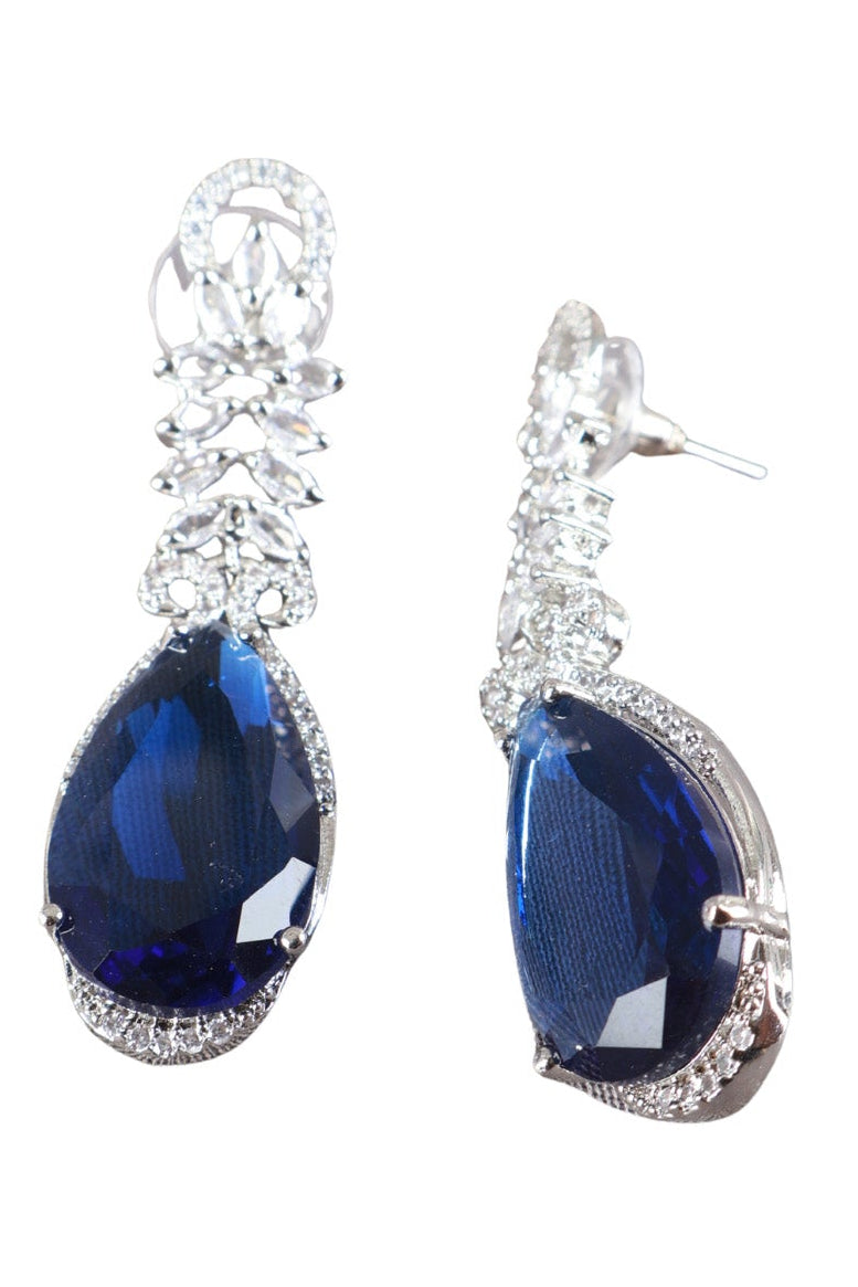 Royal Blue Teardrop Silver CZ Drop Earrings Glamour Jewellery