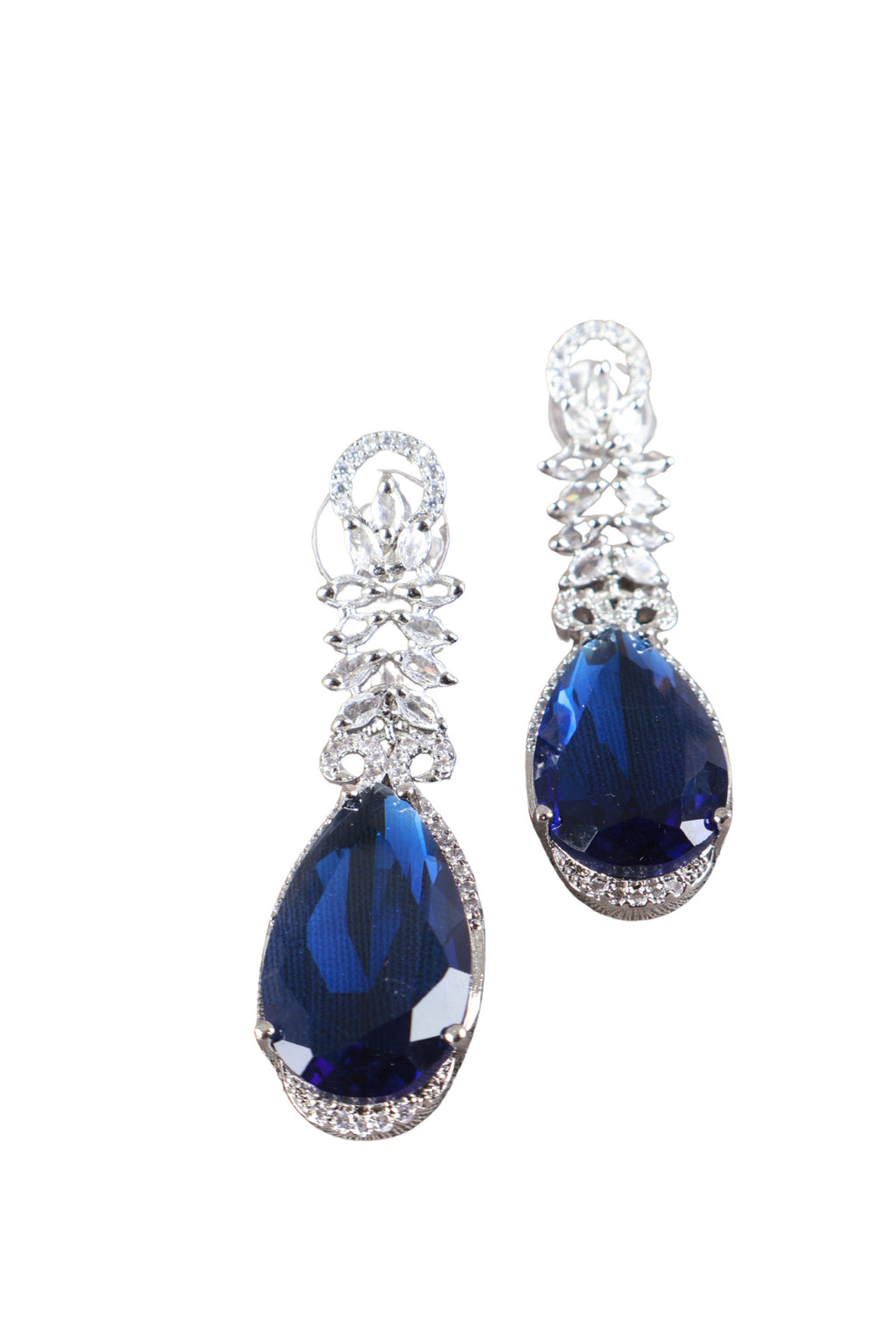 Royal Blue Teardrop Silver CZ Drop Earrings Glamour Jewellery