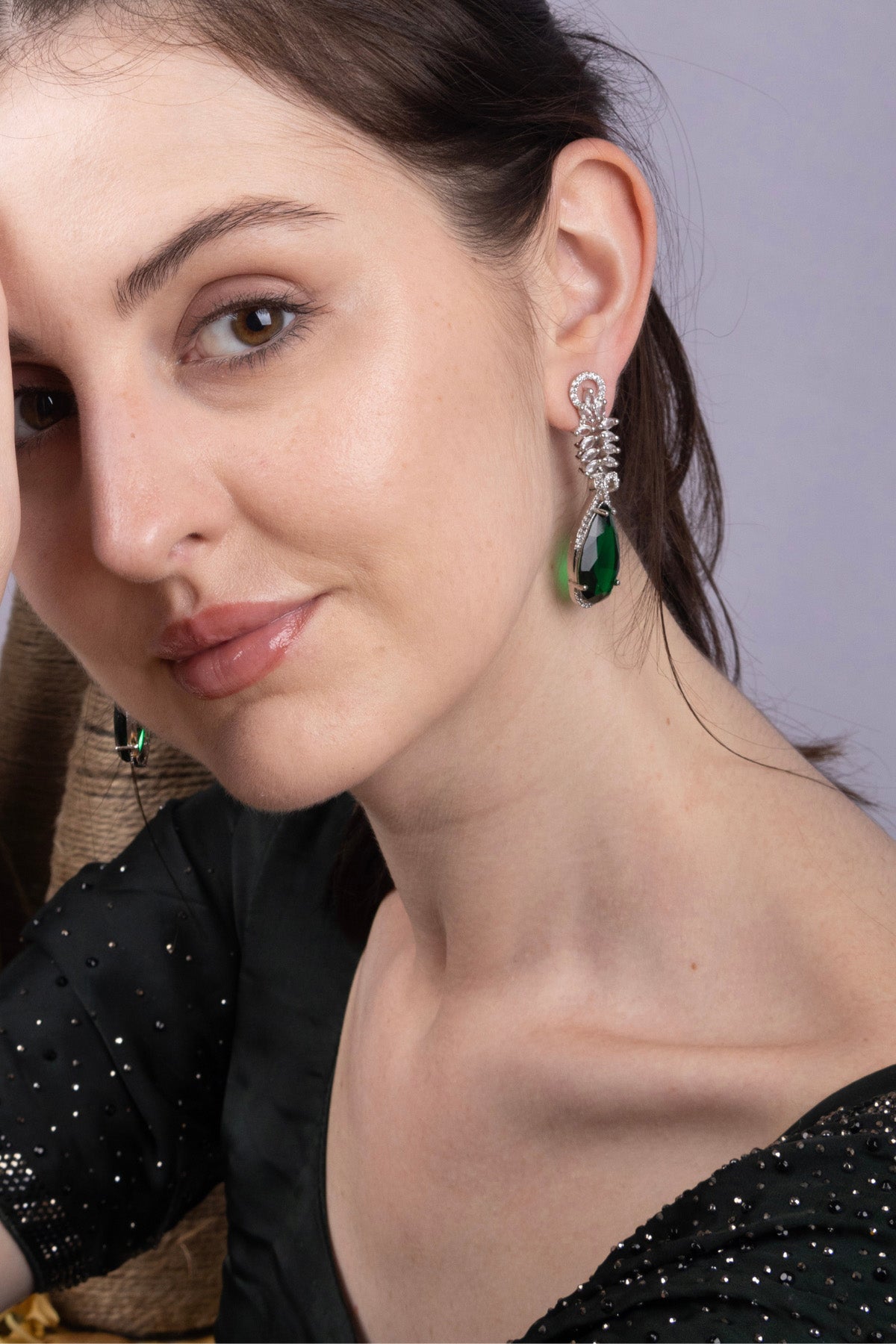 Dark Emerald Teardrop Silver CZ Drop Earrings Evening Jewellery