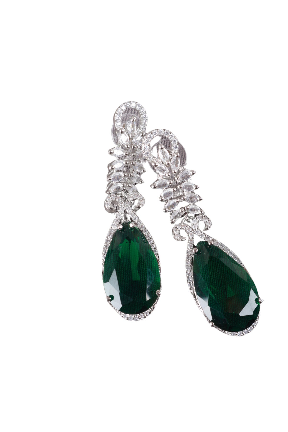 Dark Emerald Teardrop Silver CZ Drop Earrings Evening Jewellery