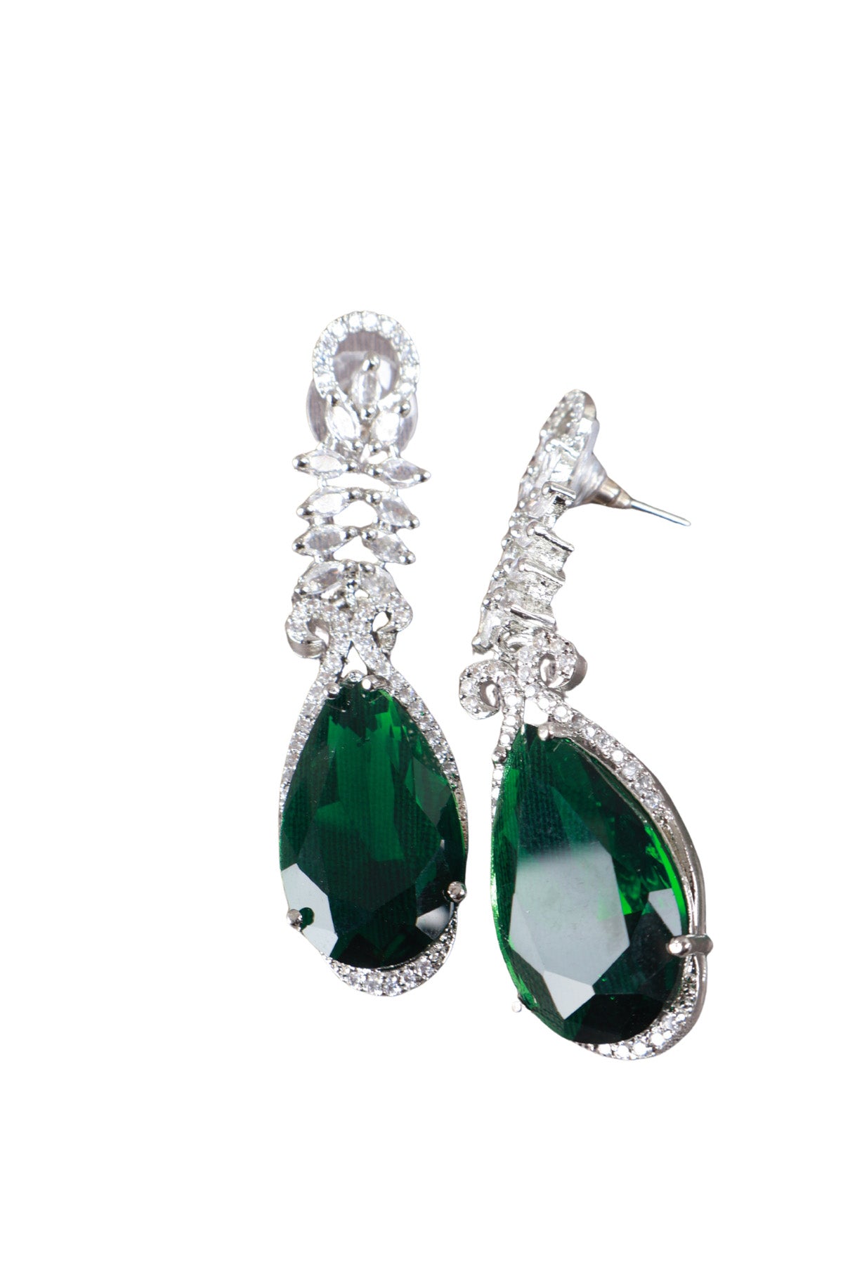 Dark Emerald Teardrop Silver CZ Drop Earrings Evening Jewellery