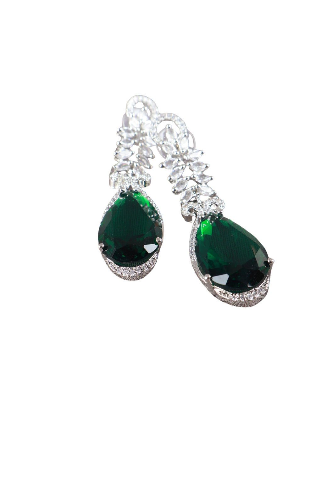 Dark Emerald Teardrop Silver CZ Drop Earrings Evening Jewellery