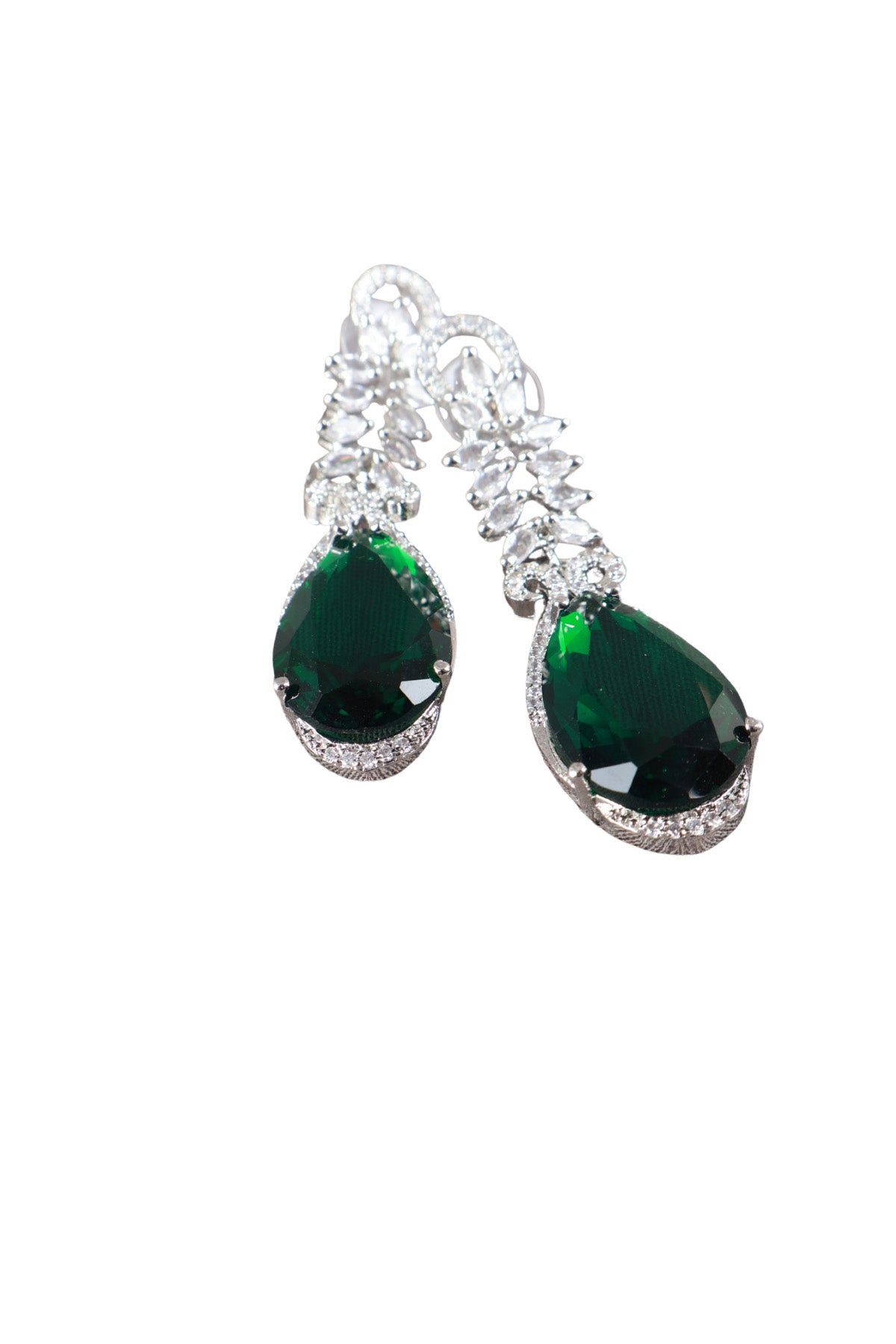 Dark Emerald Teardrop Silver CZ Drop Earrings Evening Jewellery