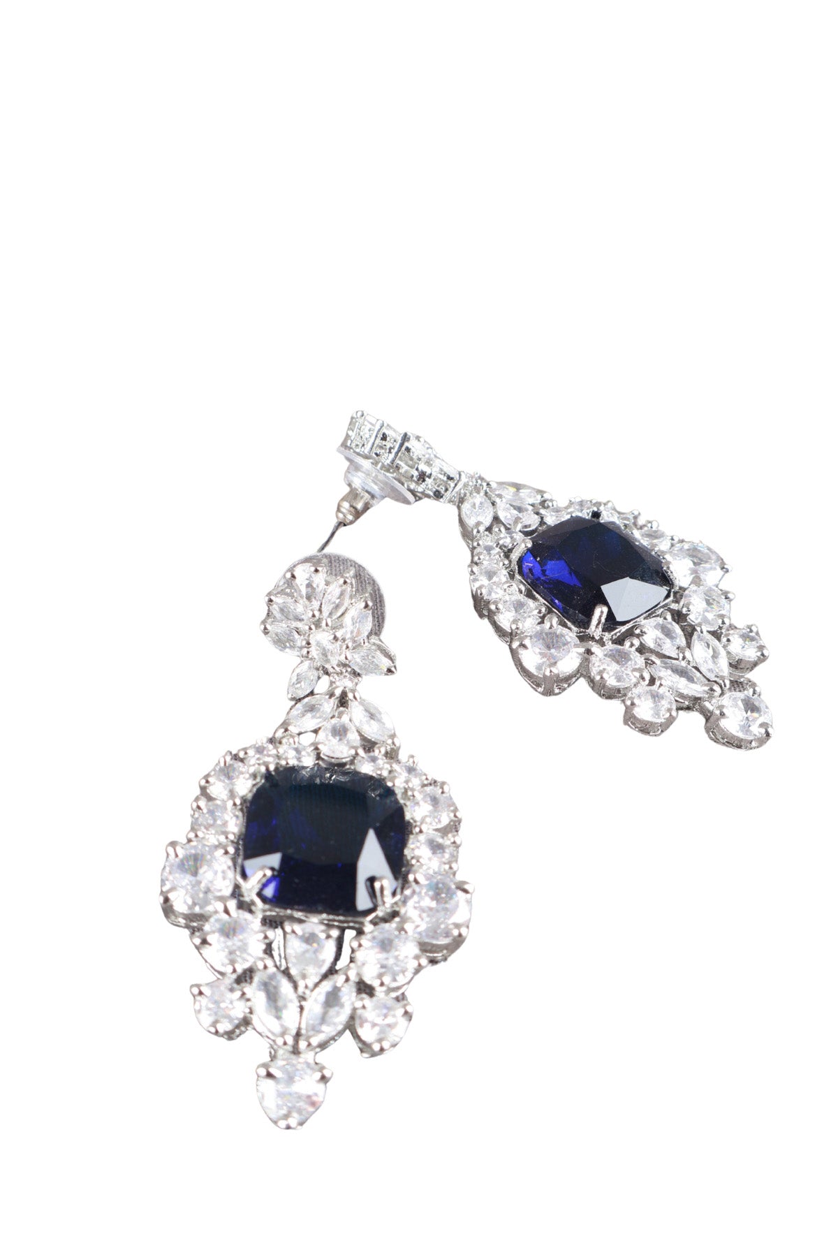Navy Blue Cushion CZ Silver Drop Earrings Cocktail Jewellery