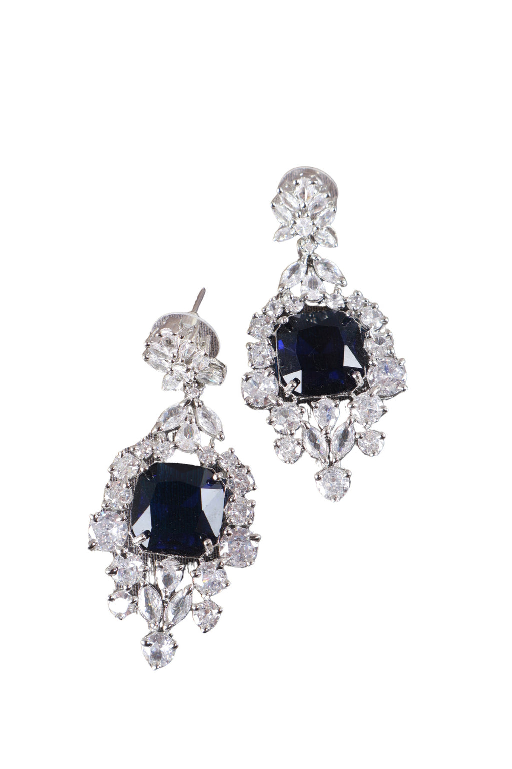 Navy Blue Cushion CZ Silver Drop Earrings Cocktail Jewellery