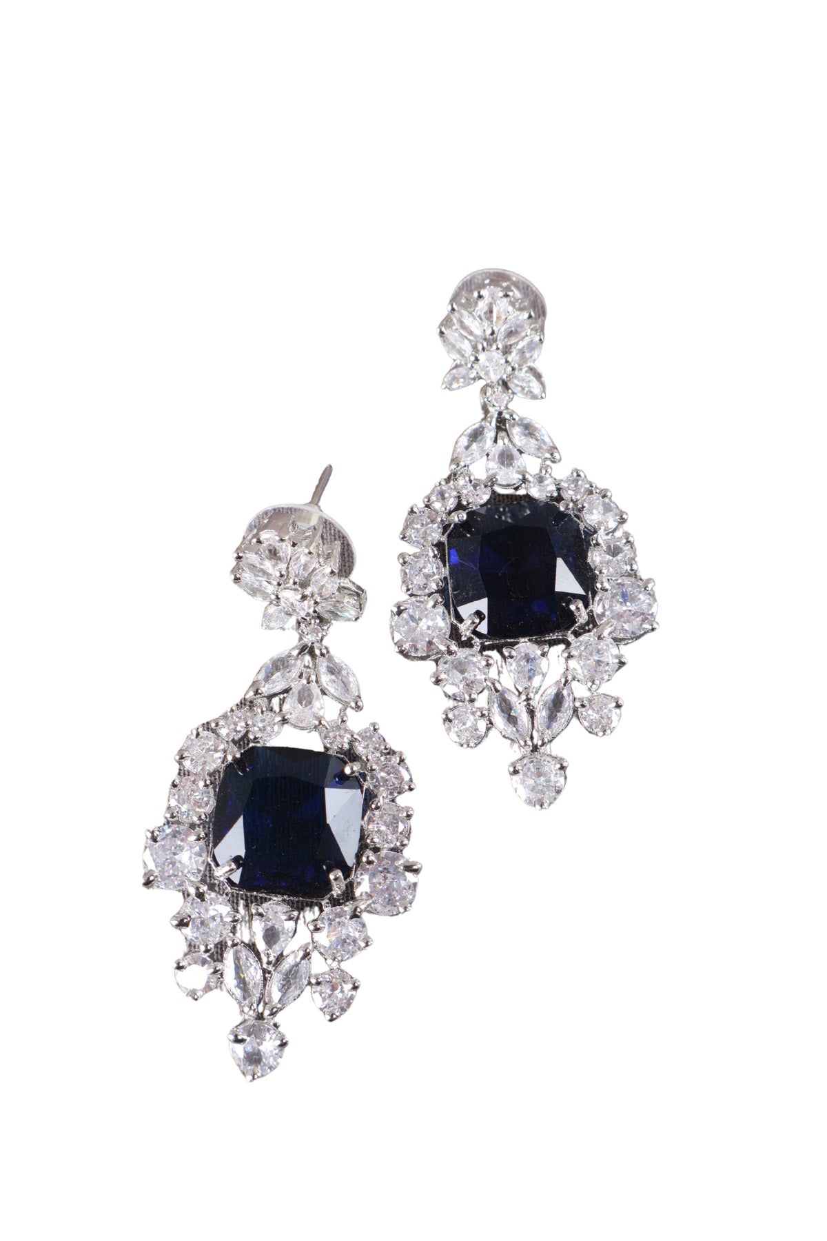 Navy Blue Cushion CZ Silver Drop Earrings Cocktail Jewellery