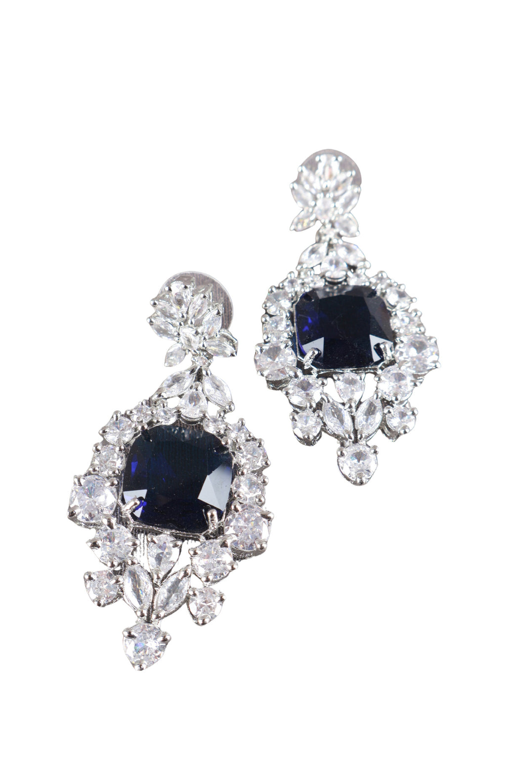 Navy Blue Cushion CZ Silver Drop Earrings Cocktail Jewellery