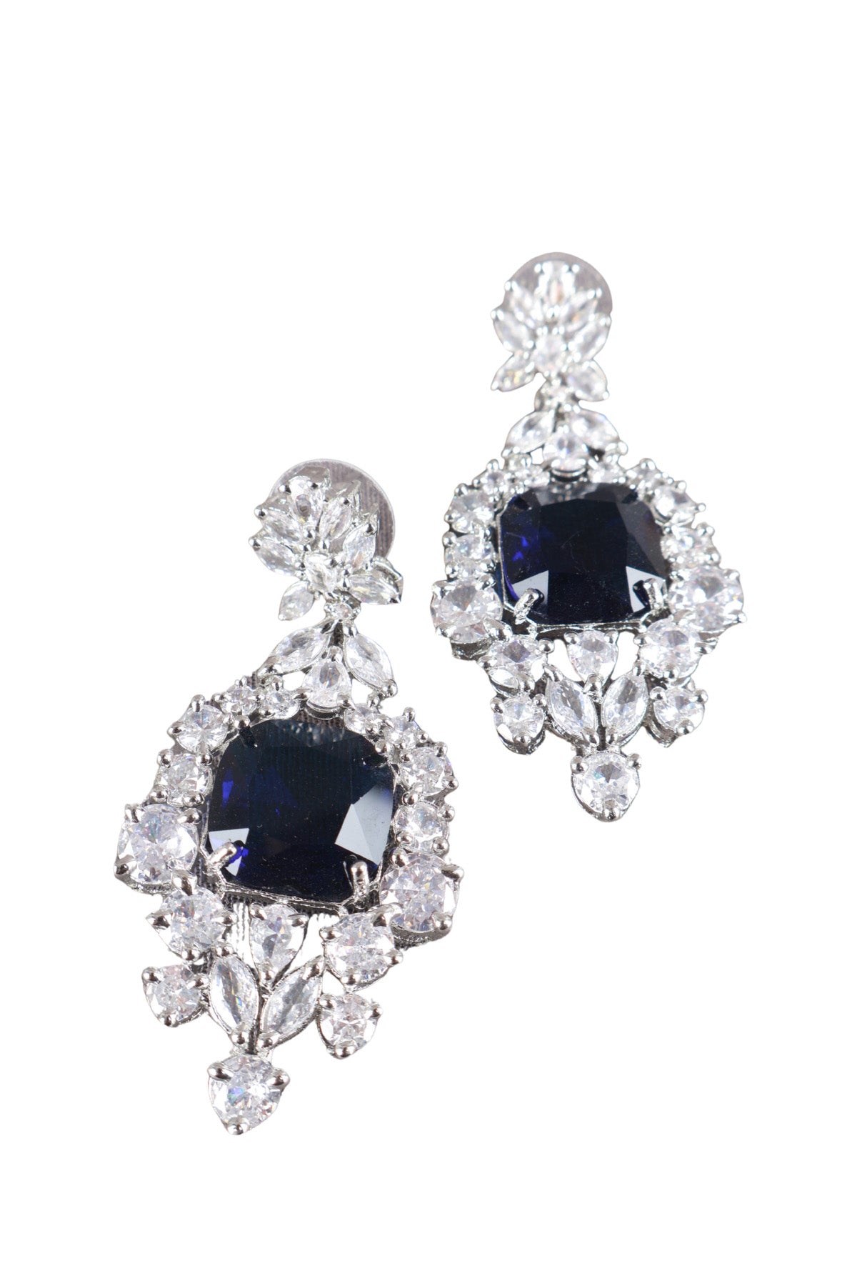 Navy Blue Cushion CZ Silver Drop Earrings Cocktail Jewellery