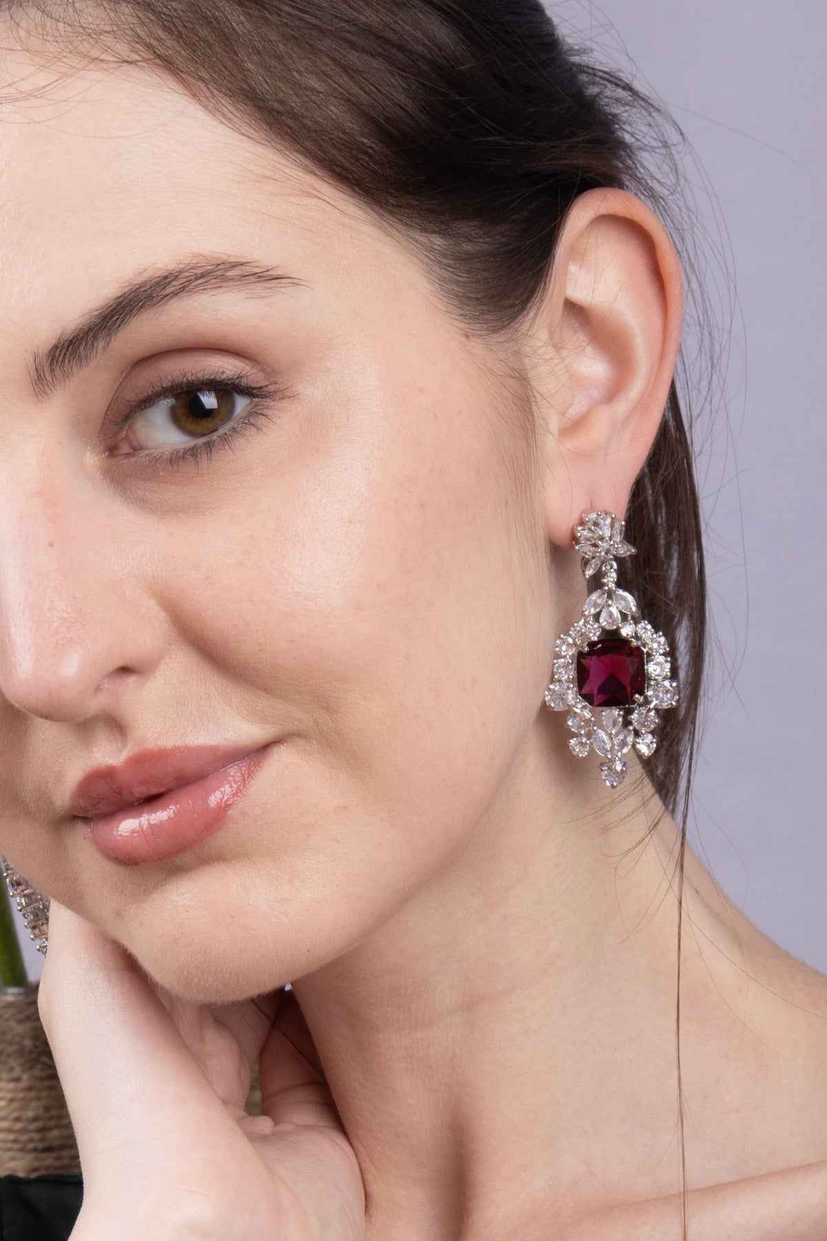 Ruby Red Cushion CZ Silver Drop Earrings Cocktail Jewellery