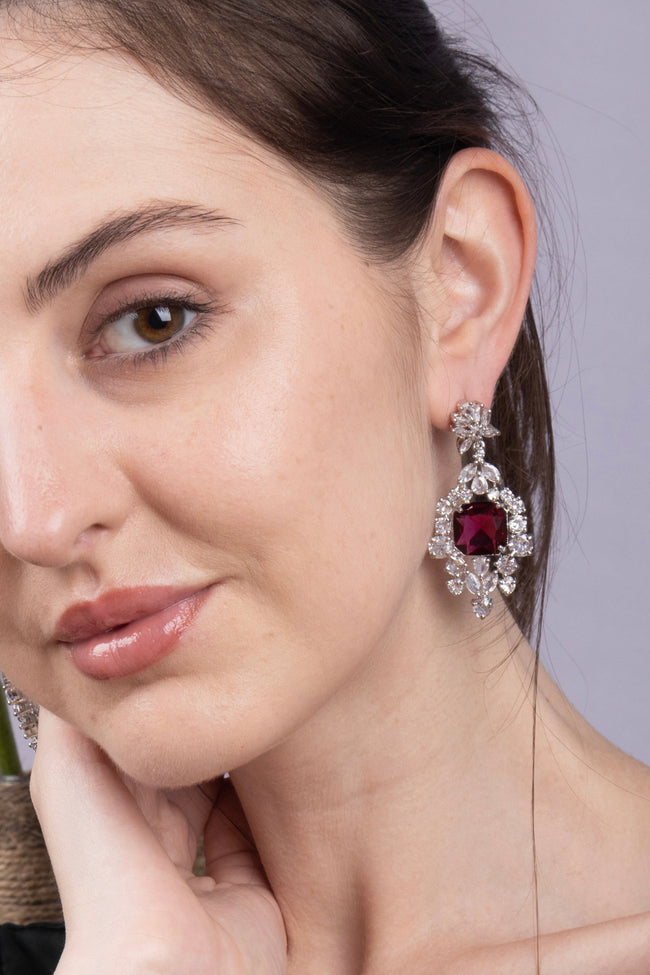 Ruby Red Cushion CZ Silver Drop Earrings Cocktail Jewellery Main Image