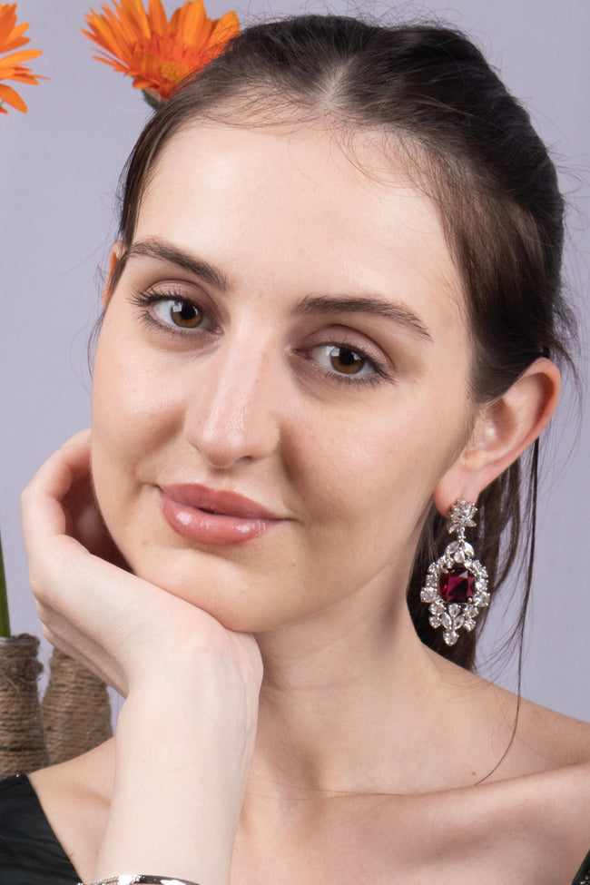 Ruby Red Cushion CZ Silver Drop Earrings Cocktail Jewellery Hover Image