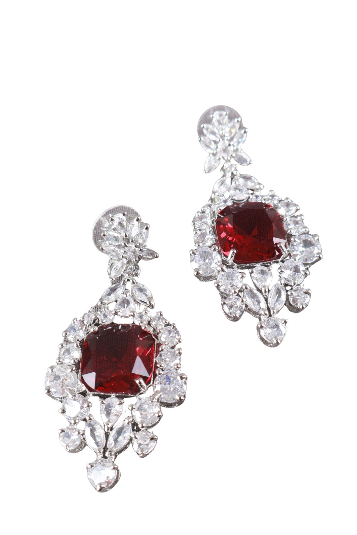 Ruby Red Cushion CZ Silver Drop Earrings Cocktail Jewellery