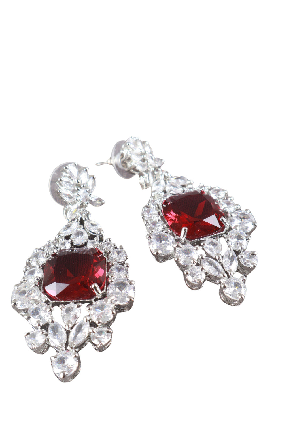 Ruby Red Cushion CZ Silver Drop Earrings Cocktail Jewellery