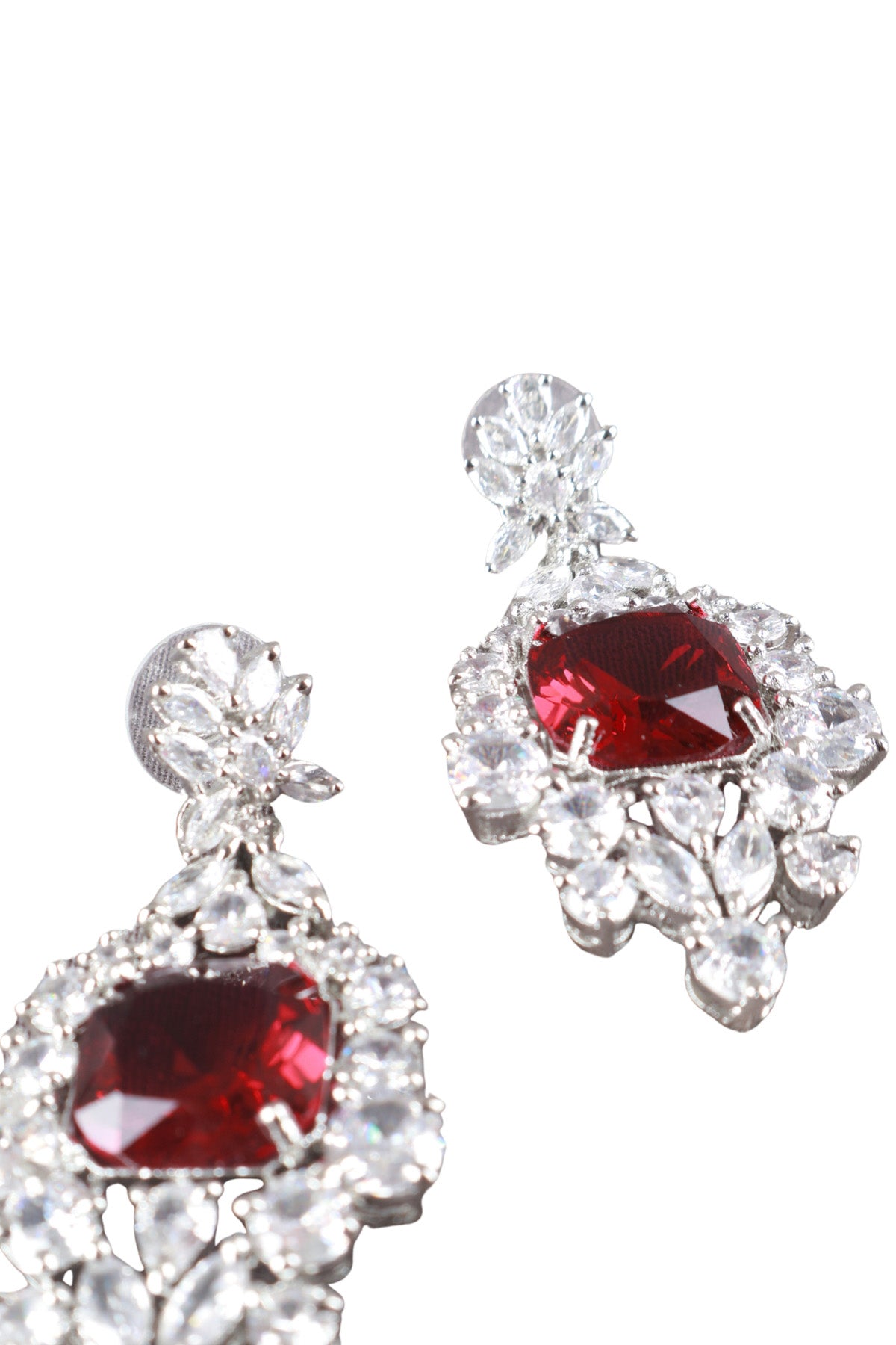 Ruby Red Cushion CZ Silver Drop Earrings Cocktail Jewellery