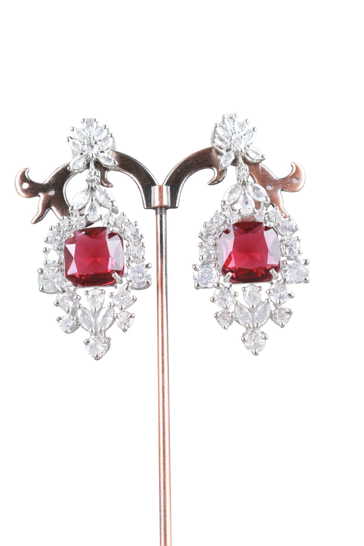Ruby Red Cushion CZ Silver Drop Earrings Cocktail Jewellery