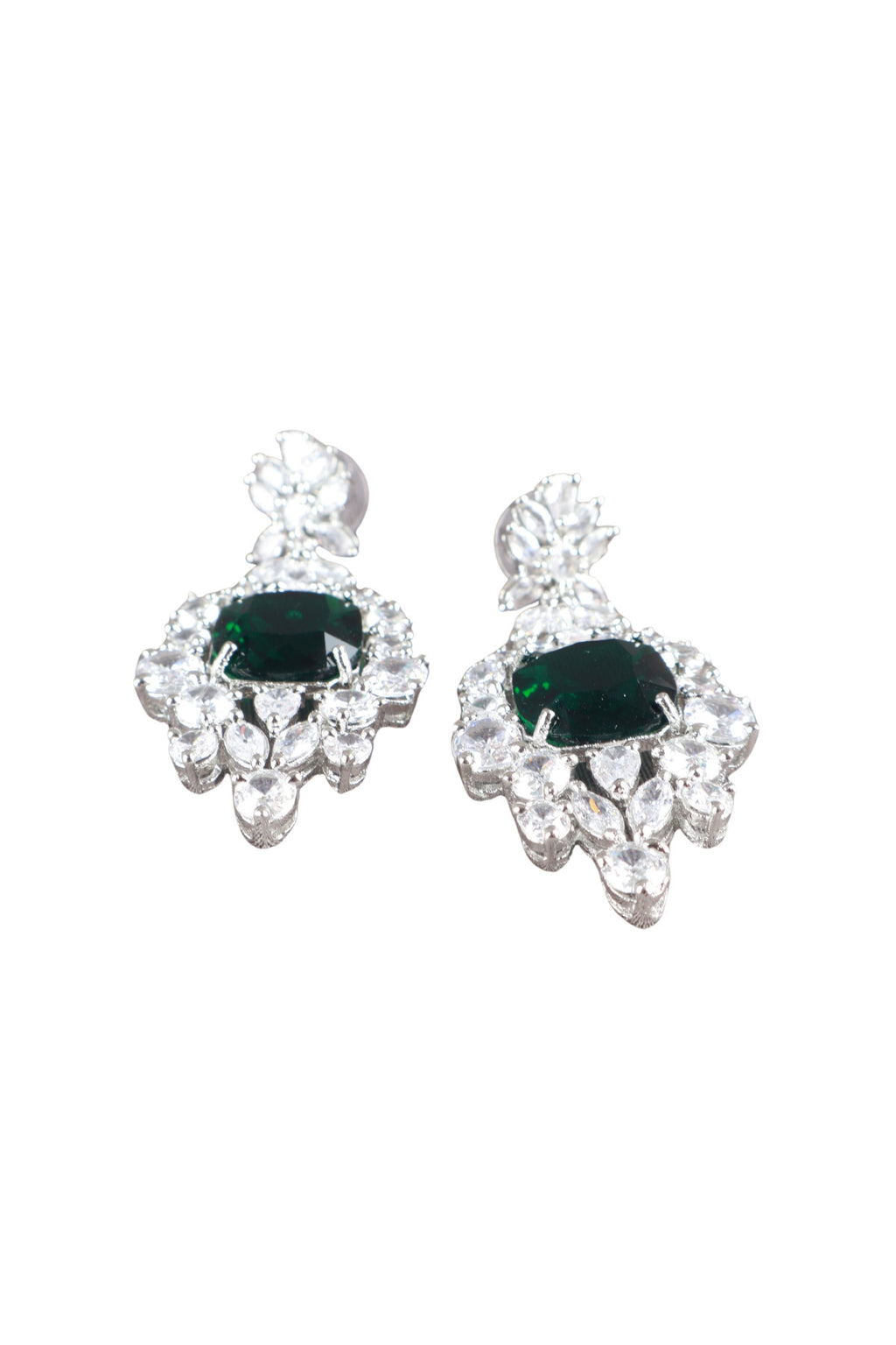 Emerald Green Cushion CZ Silver Drop Earrings Statement Jewellery