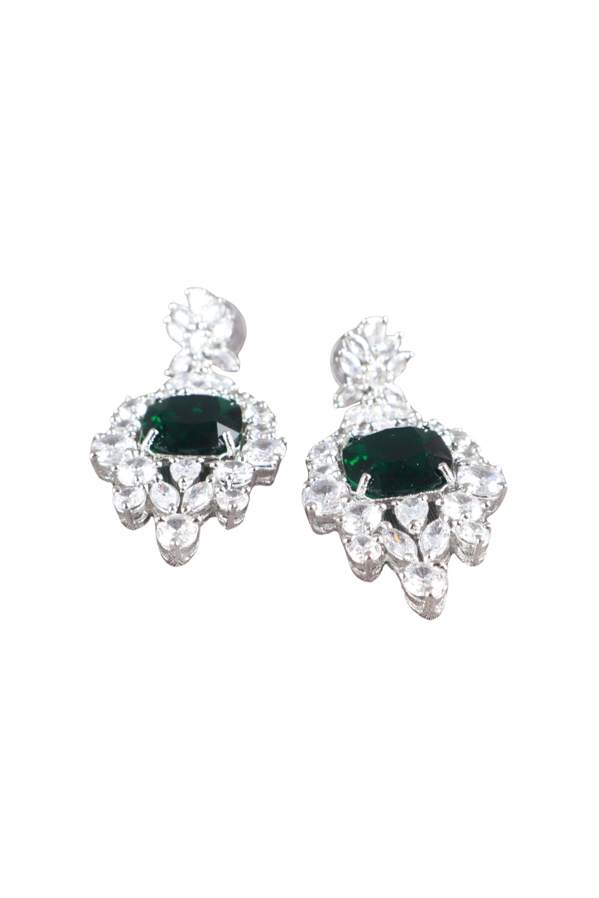Emerald Green Cushion CZ Silver Drop Earrings Statement Jewellery
