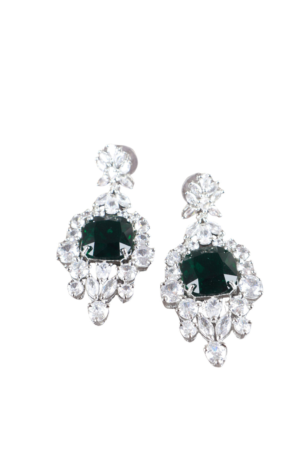 Emerald Green Cushion CZ Silver Drop Earrings Statement Jewellery