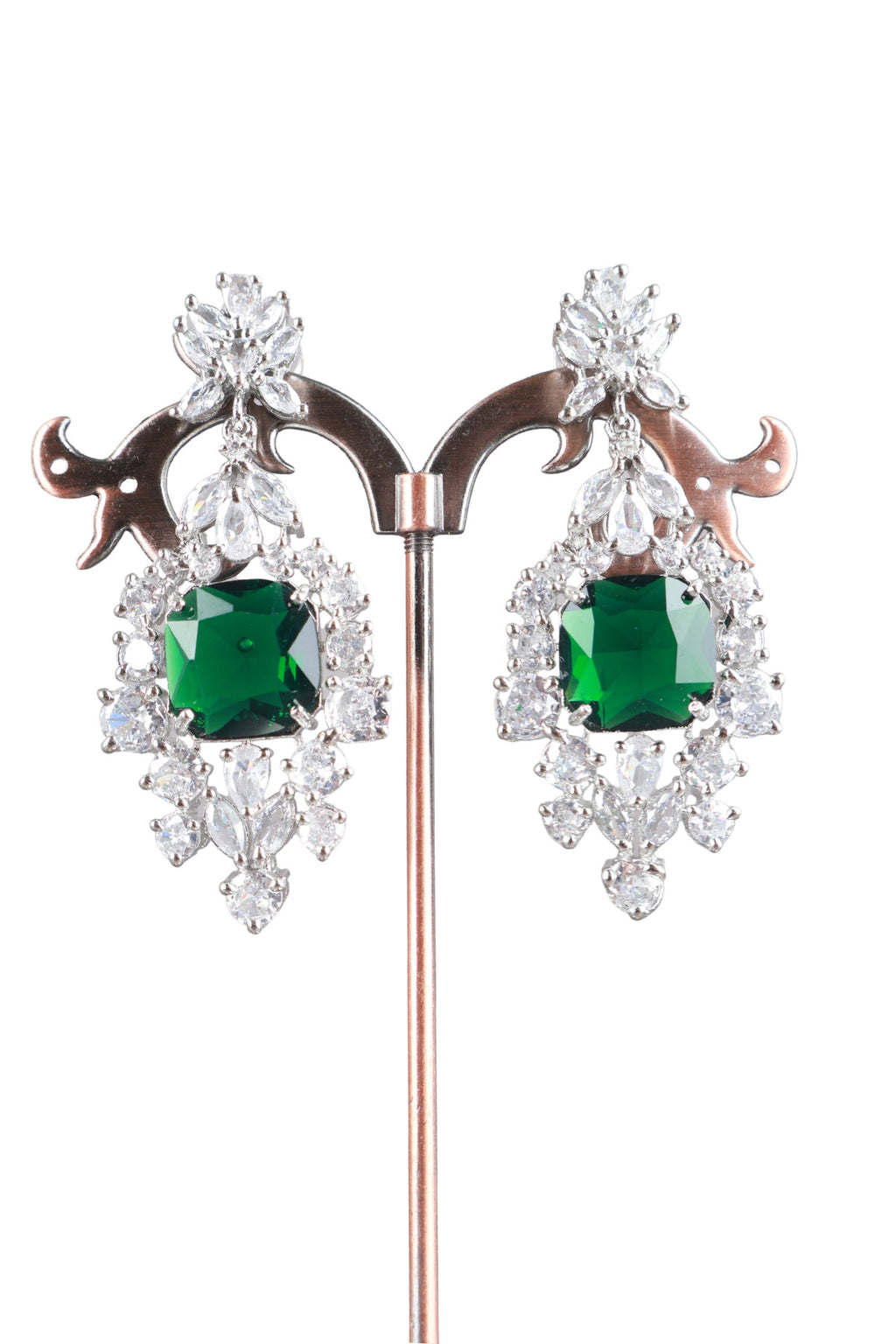 Emerald Green Cushion CZ Silver Drop Earrings Statement Jewellery