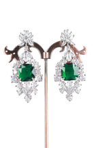 Emerald Green Cushion CZ Silver Drop Earrings Statement Jewellery