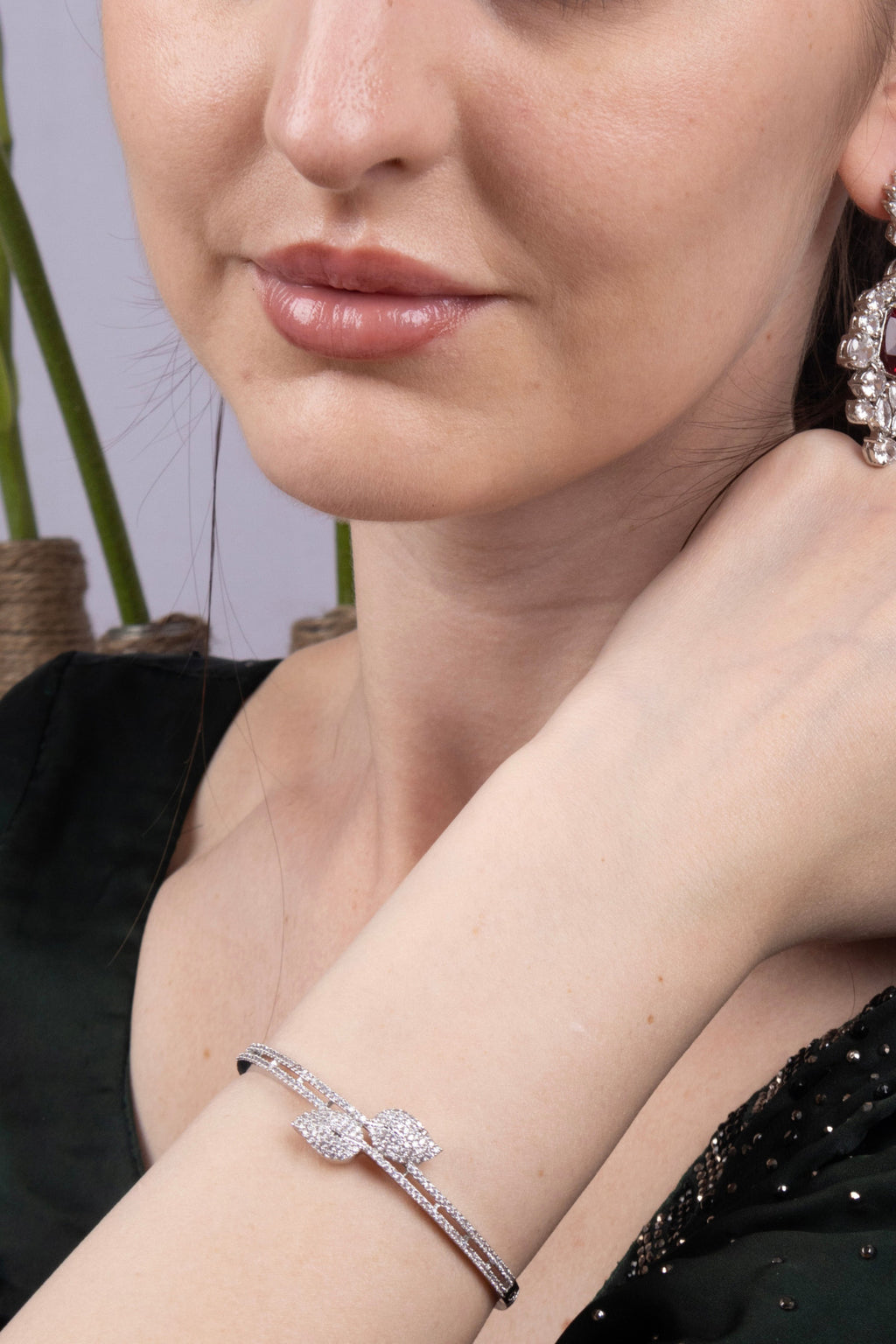 Pave CZ Silver Open Cuff Bypass Bangle Bracelet Luxe Jewellery