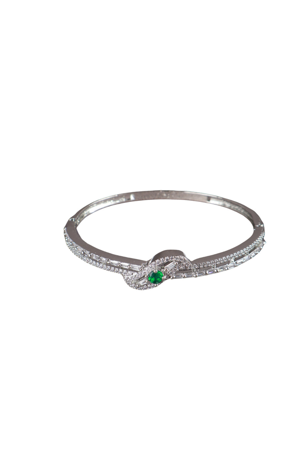 Green CZ Knot Bangle Silver Bracelet Contemporary Occasion Jewellery