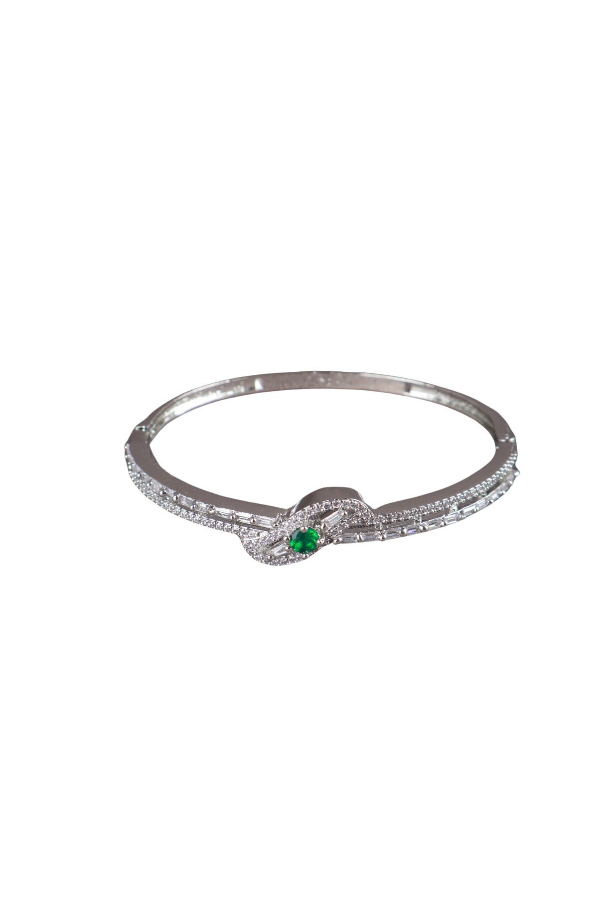 Green CZ Knot Bangle Silver Bracelet Contemporary Occasion Jewellery