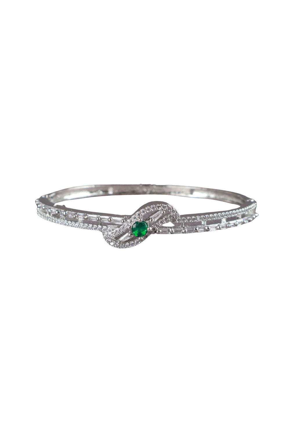 Green CZ Knot Bangle Silver Bracelet Contemporary Occasion Jewellery