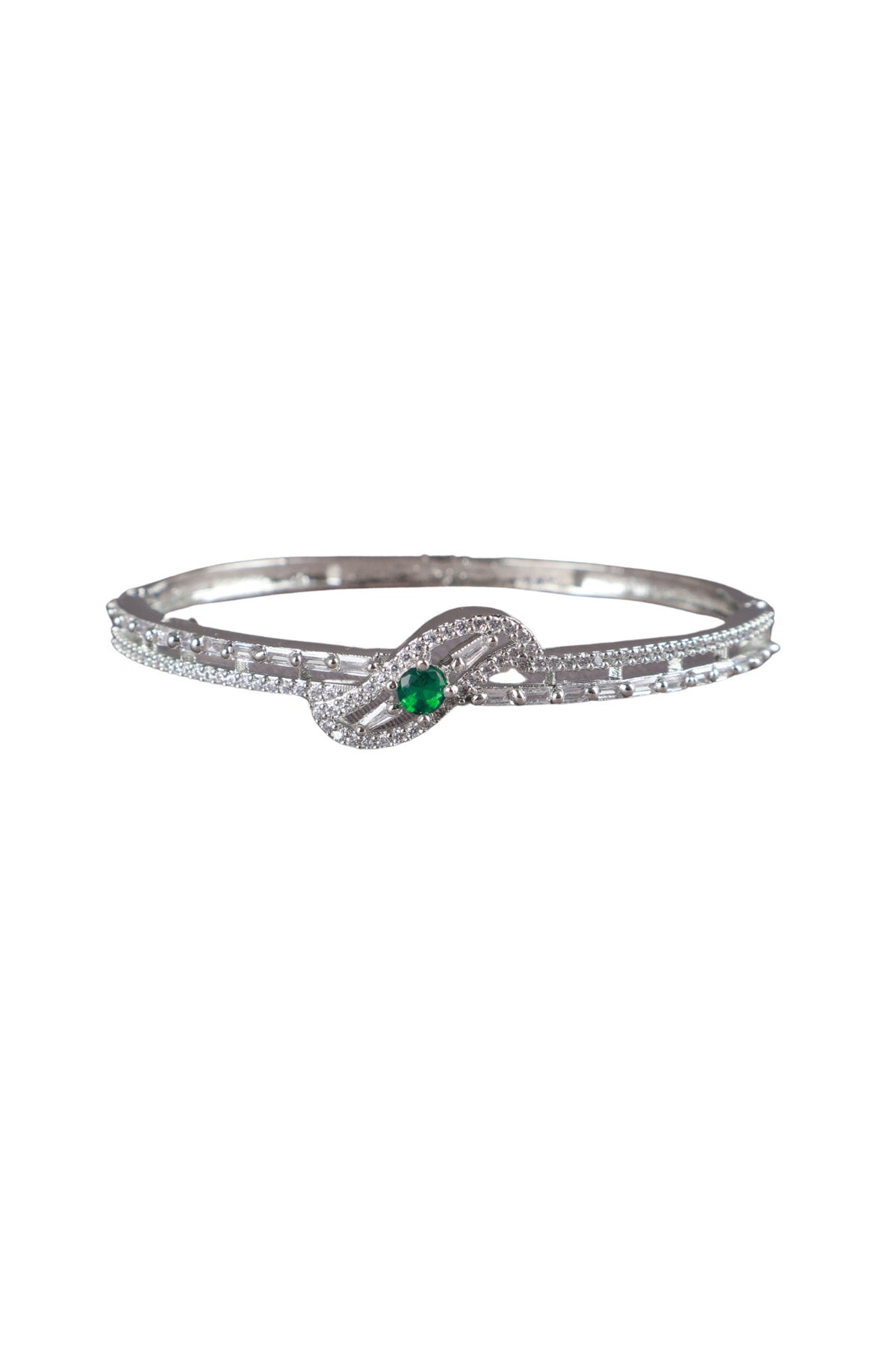 Green CZ Knot Bangle Silver Bracelet Contemporary Occasion Jewellery