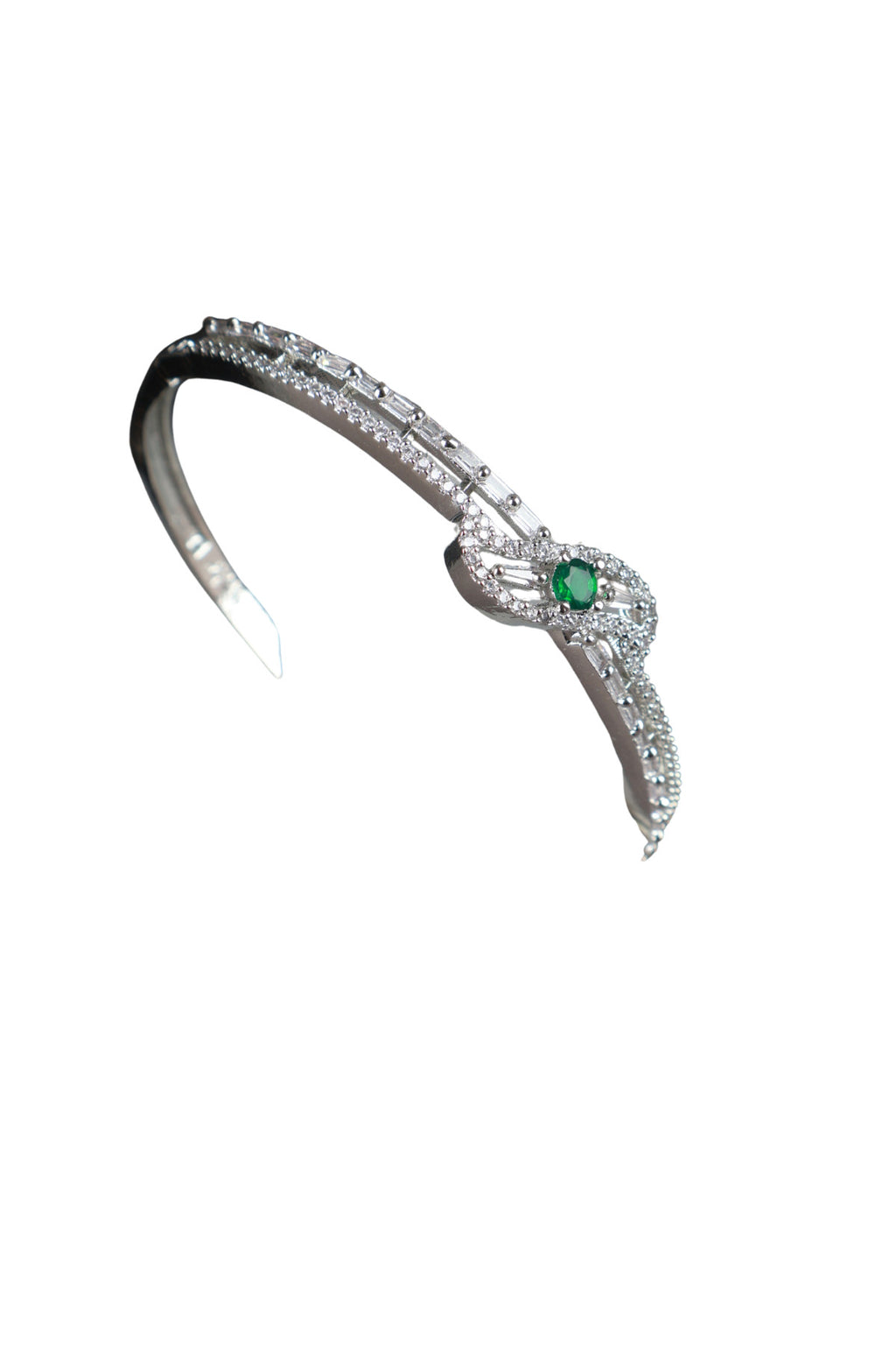 Green CZ Knot Bangle Silver Bracelet Contemporary Occasion Jewellery
