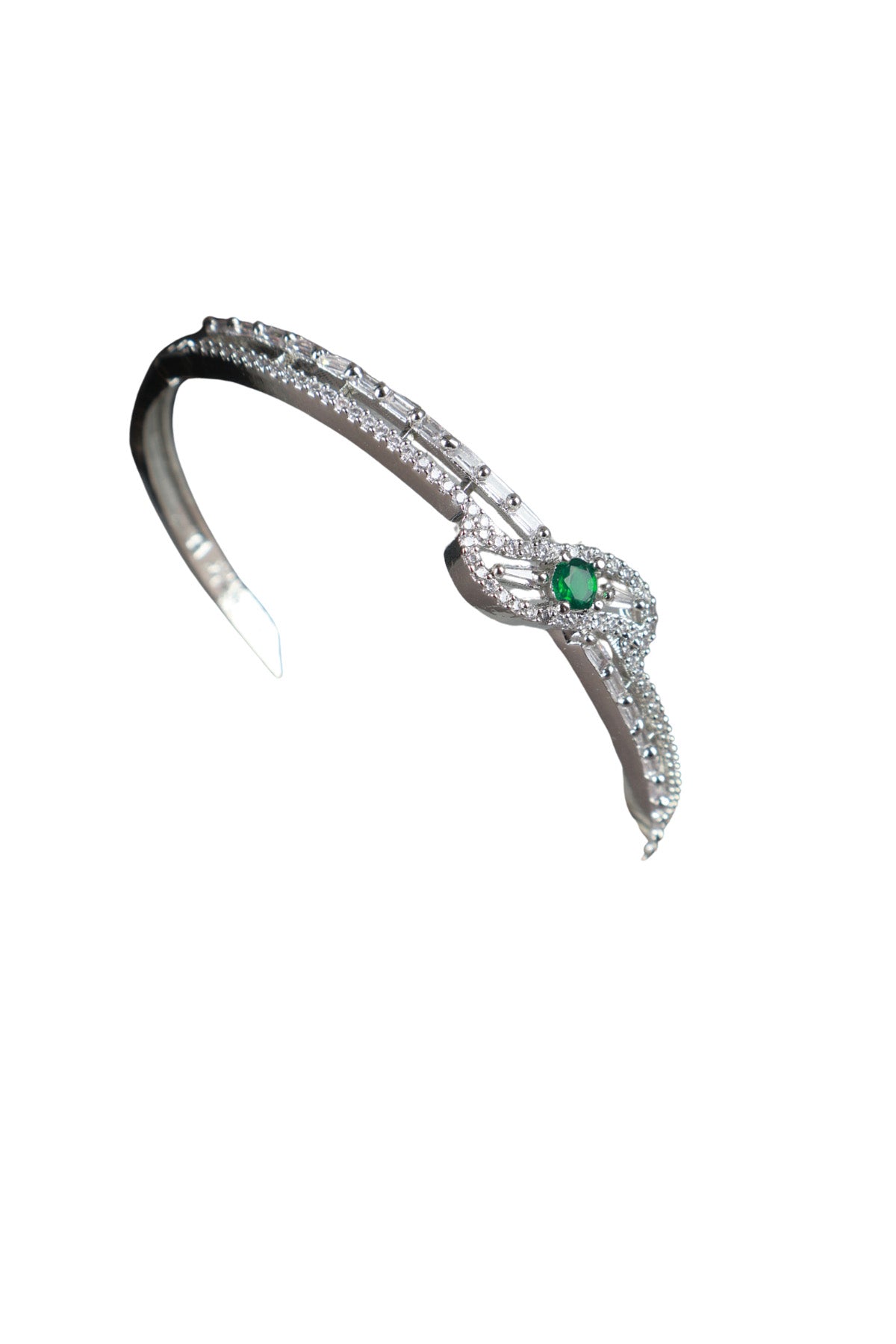 Green CZ Knot Bangle Silver Bracelet Contemporary Occasion Jewellery