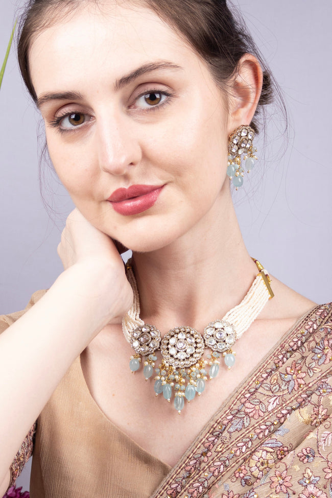 Polki Medallion Pearl Aqua Stone Necklace Heirloom Bridal Jewellery Main Image