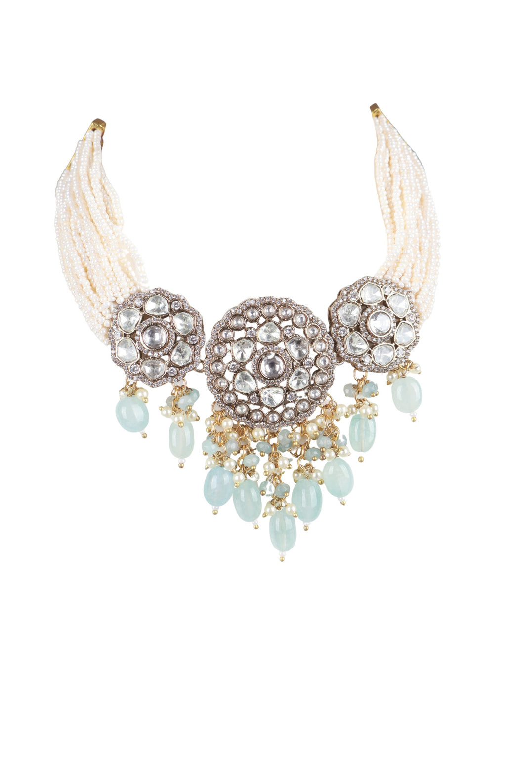 Polki Medallion Pearl Aqua Stone Necklace Heirloom Bridal Jewellery