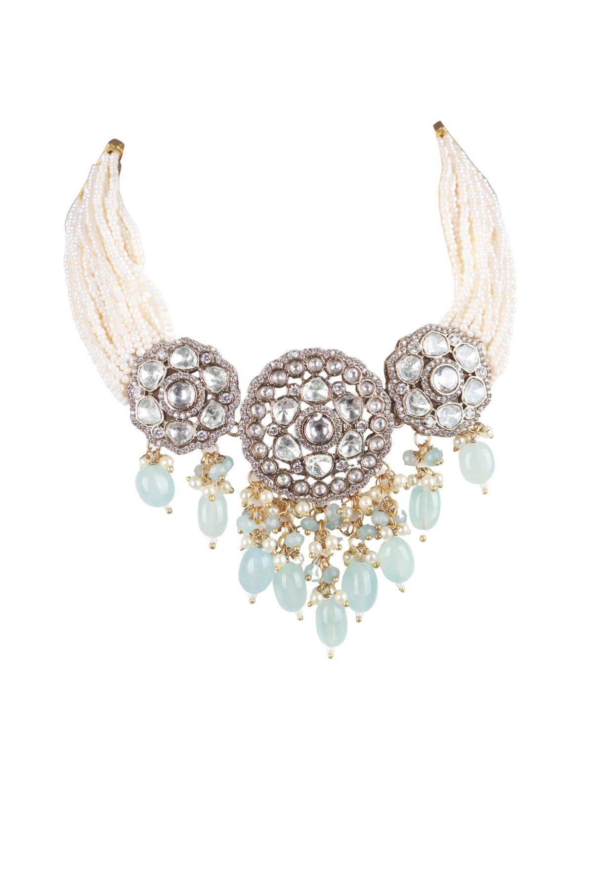 Polki Medallion Pearl Aqua Stone Necklace Heirloom Bridal Jewellery