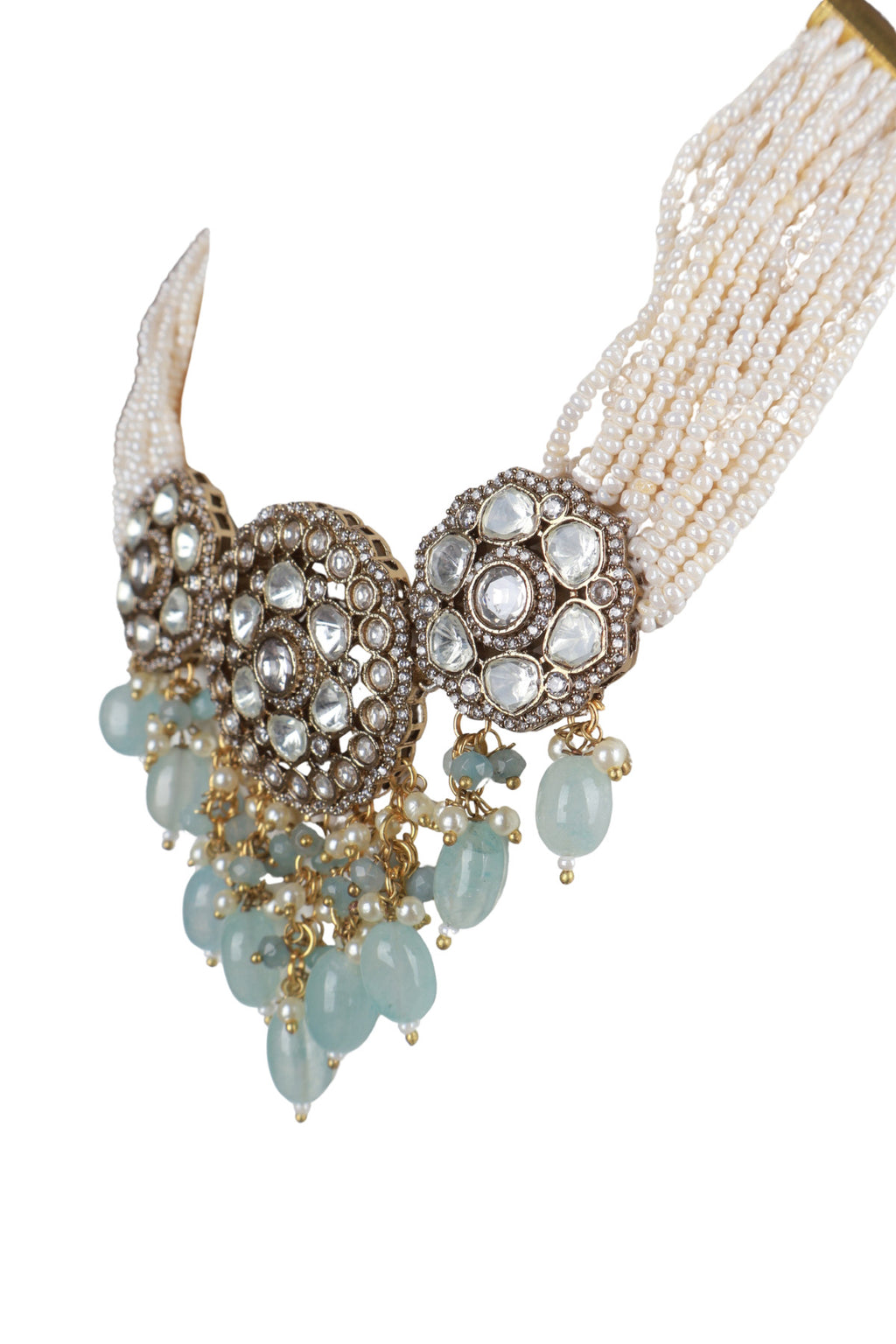 Polki Medallion Pearl Aqua Stone Necklace Heirloom Bridal Jewellery