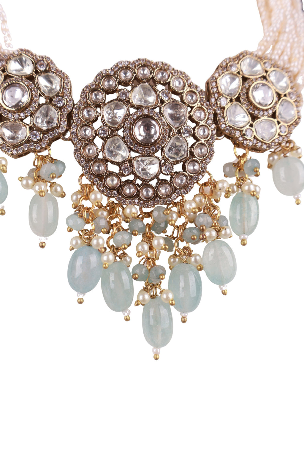 Polki Medallion Pearl Aqua Stone Necklace Heirloom Bridal Jewellery